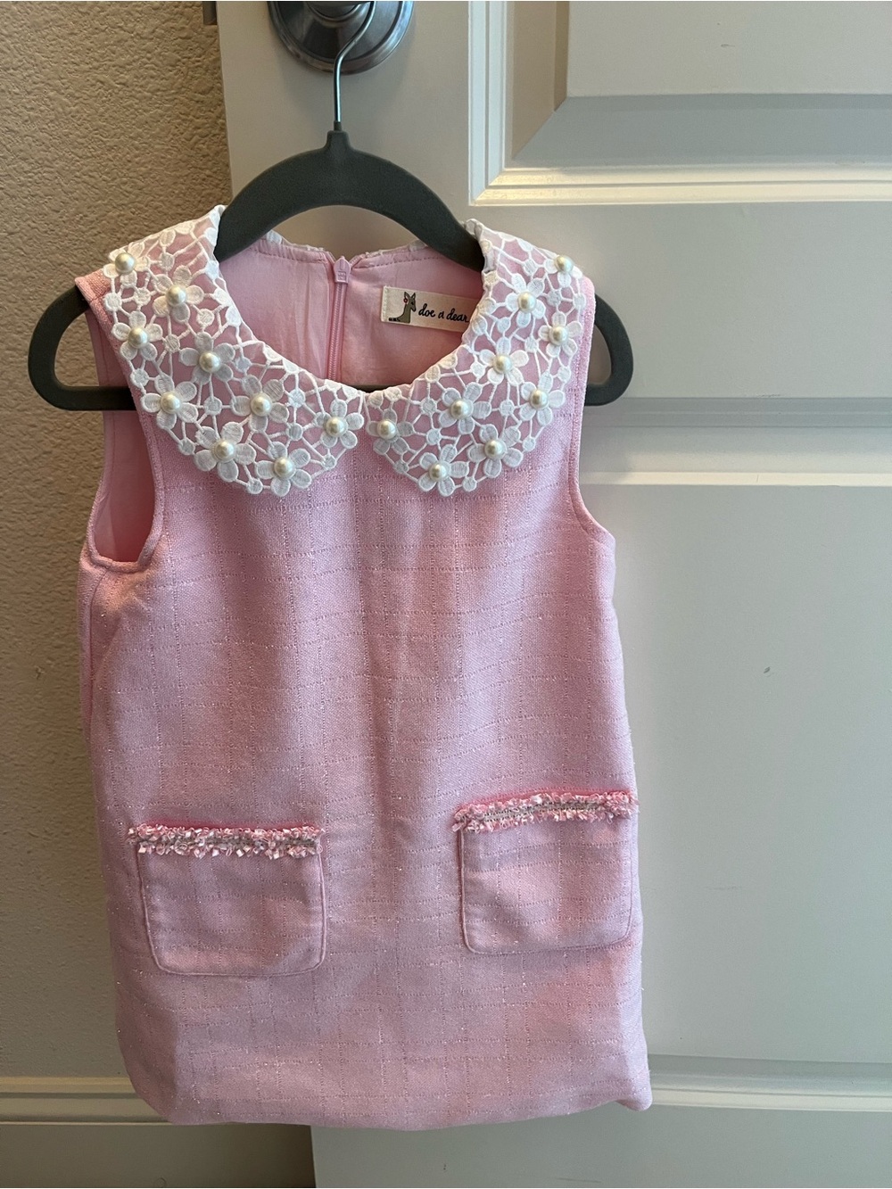 Doe a Dear | Sleeveless Pink Girls' Formal Dress with Daisy Peter Pan Collar| S3